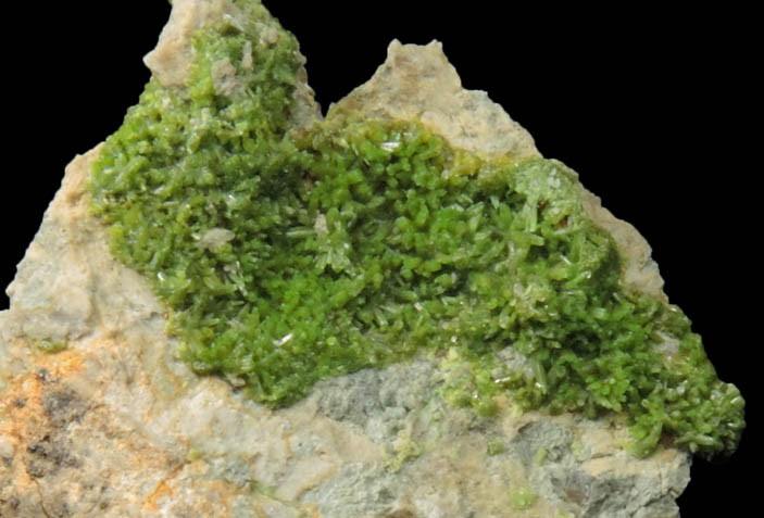 Pyromorphite on Quartz from Wheatley Mine, Phoenixville District, Chester County, Pennsylvania