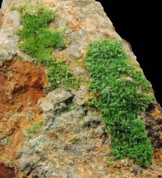 Pyromorphite on Quartz from Wheatley Mine, Phoenixville District, Chester County, Pennsylvania