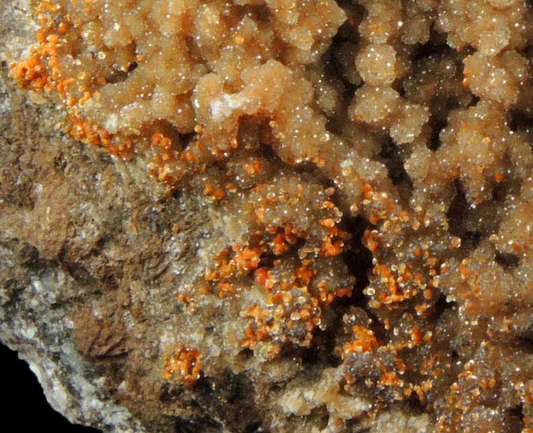 Quartz over Descloizite and Wulfenite with Calcite from Finch Mine, north of Hayden, Banner District, Gila County, Arizona