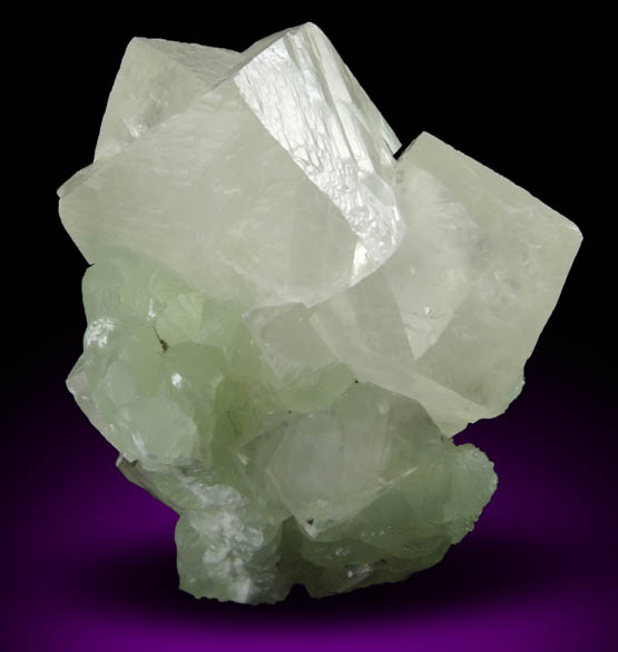 Calcite (interpenetrant-twinned crystals) on Prehnite from Millington Quarry, Bernards Township, Somerset County, New Jersey