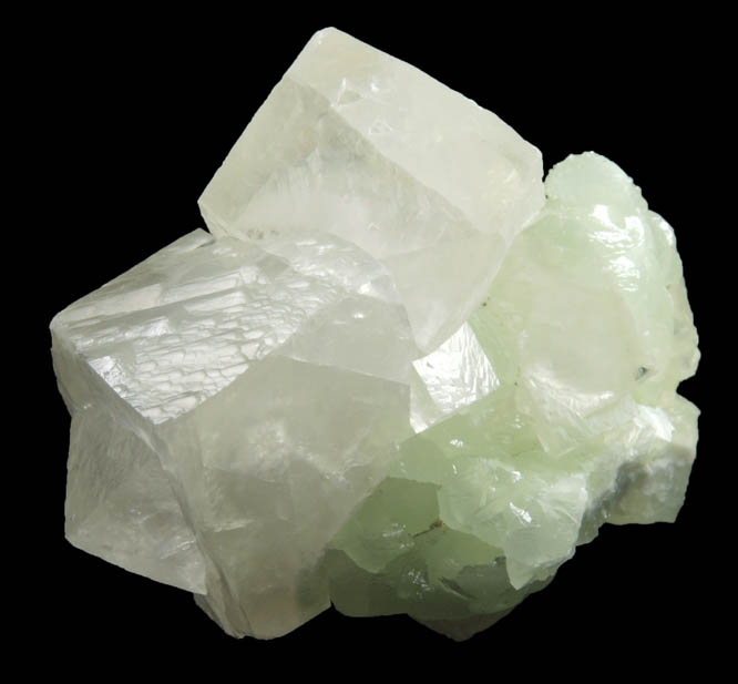 Calcite (interpenetrant-twinned crystals) on Prehnite from Millington Quarry, Bernards Township, Somerset County, New Jersey