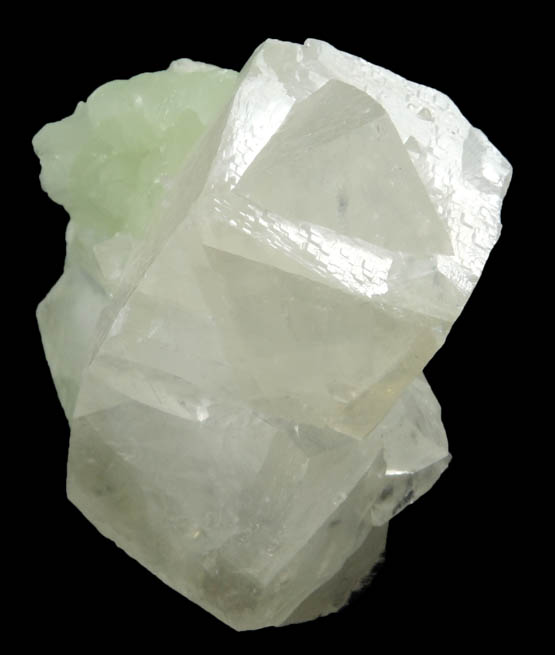 Calcite (interpenetrant-twinned crystals) on Prehnite from Millington Quarry, Bernards Township, Somerset County, New Jersey