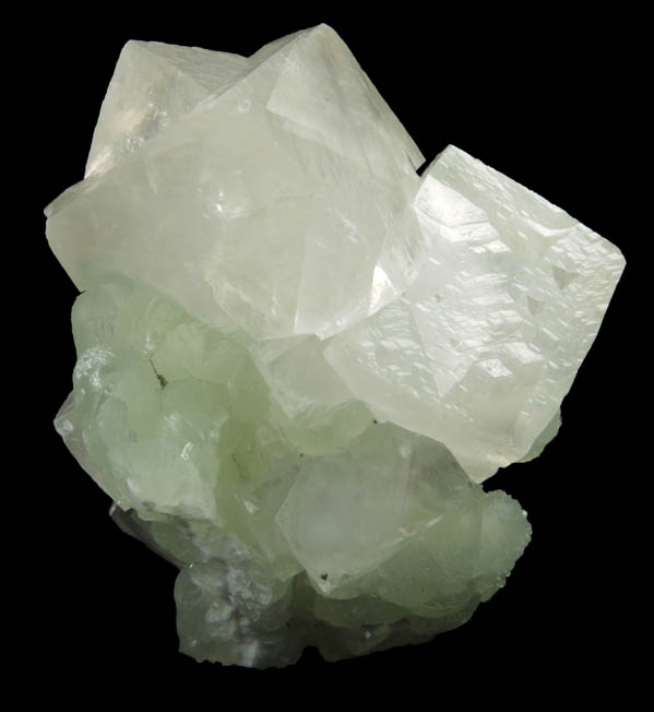 Calcite (interpenetrant-twinned crystals) on Prehnite from Millington Quarry, Bernards Township, Somerset County, New Jersey
