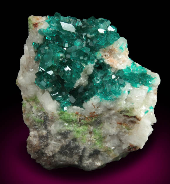 Dioptase on Calcite with Duftite from Tsumeb Mine, Otavi-Bergland District, Oshikoto, Namibia (Type Locality for Duftite)