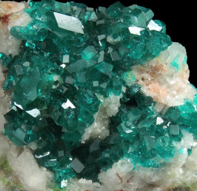 Dioptase on Calcite with Duftite from Tsumeb Mine, Otavi-Bergland District, Oshikoto, Namibia (Type Locality for Duftite)