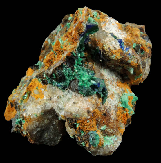 Azurite and Malachite pseudomorphs after Azurite on Quartz from Omega Mine, Helvetia District, Santa Cruz County, Arizona