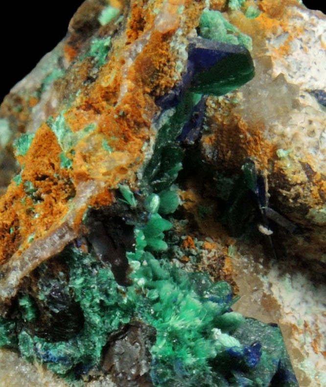 Azurite and Malachite pseudomorphs after Azurite on Quartz from Omega Mine, Helvetia District, Santa Cruz County, Arizona