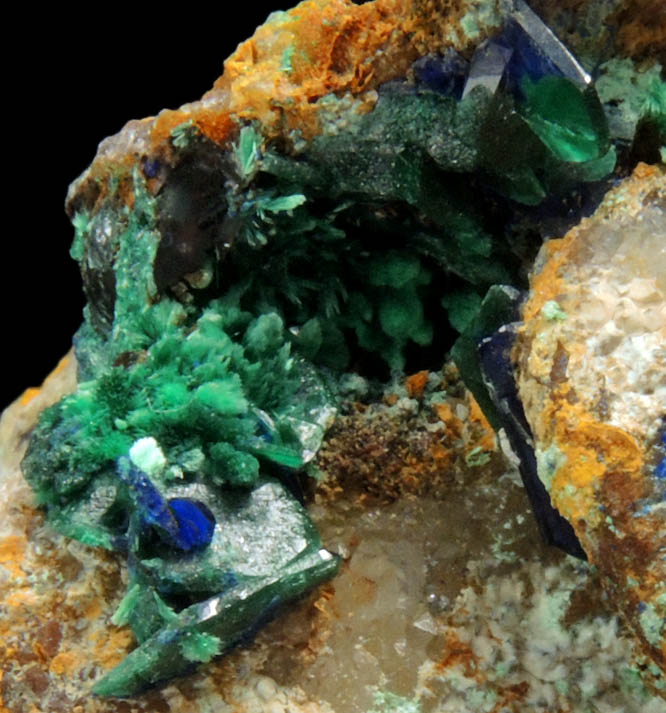 Azurite and Malachite pseudomorphs after Azurite on Quartz from Omega Mine, Helvetia District, Santa Cruz County, Arizona