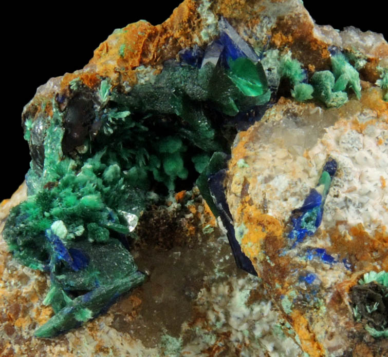 Azurite and Malachite pseudomorphs after Azurite on Quartz from Omega Mine, Helvetia District, Santa Cruz County, Arizona