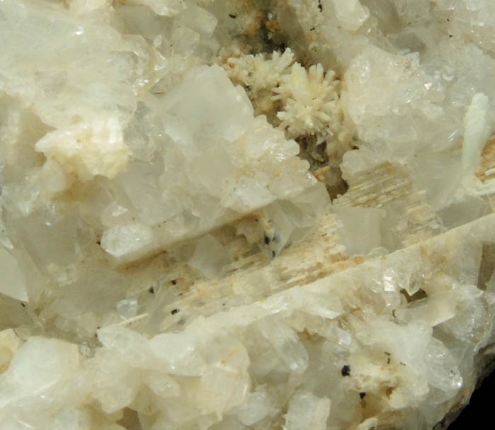 Calcite, Heulandite, Pectolite on Quartz pseudomorphic cavities after Anhydrite from Upper New Street Quarry, Paterson, Passaic County, New Jersey