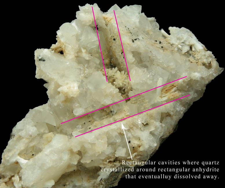 Calcite, Heulandite, Pectolite on Quartz pseudomorphic cavities after Anhydrite from Upper New Street Quarry, Paterson, Passaic County, New Jersey