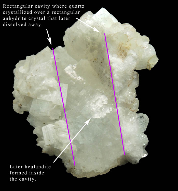 Heulandite, Apophyllite, Prehnite on Quartz pseudomorphic cavities after Anhydrite from Upper New Street Quarry, Paterson, Passaic County, New Jersey