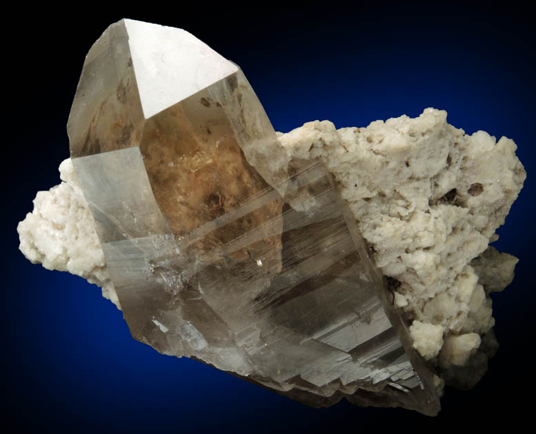 Quartz var. Smoky Quartz (Dauphin Law Twin) on Albite from North Moat Mountain, Bartlett, Carroll County, New Hampshire