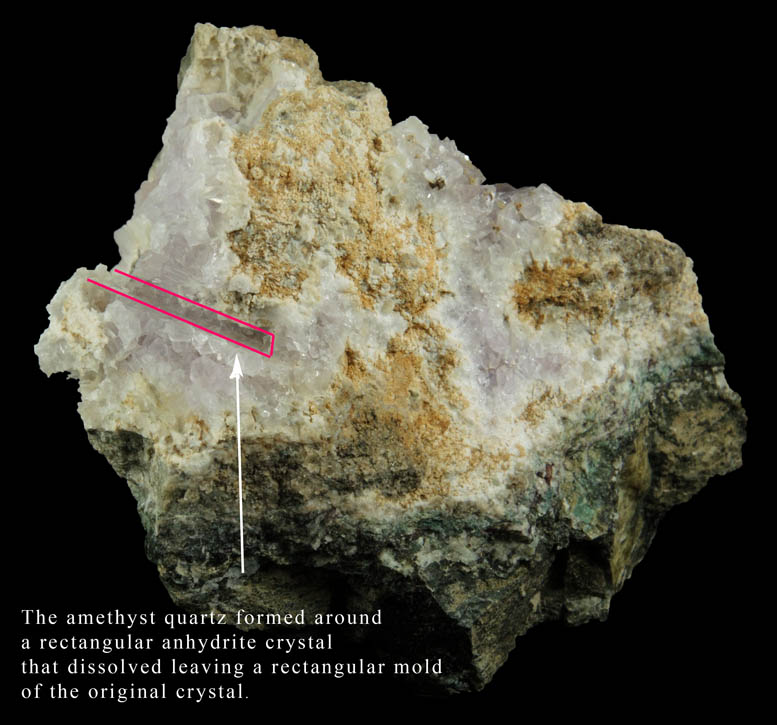 Quartz var. Amethyst Quartz with pseudomorphic mold after Anhydrite from Upper New Street Quarry, Passaic County, New Jersey