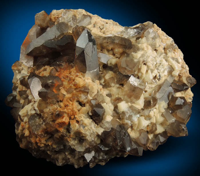 Quartz var. Smoky Quartz (Dauphin Law Twins) on Microcline from Moat Mountain, west of North Conway, Carroll County, New Hampshire