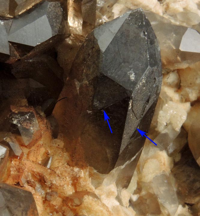 Quartz var. Smoky Quartz (Dauphin Law Twins) on Microcline from Moat Mountain, west of North Conway, Carroll County, New Hampshire