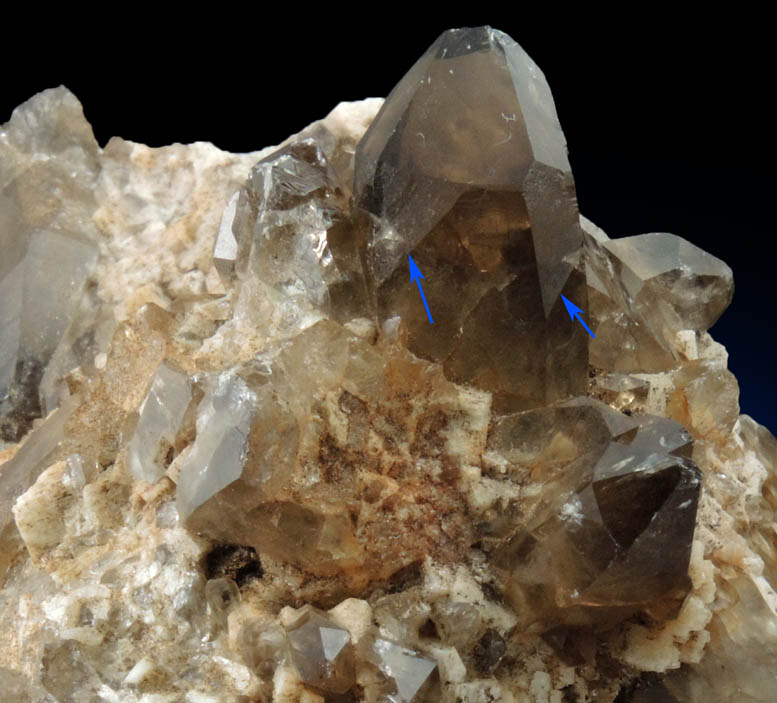 Quartz var. Smoky Quartz (Dauphin Law Twins) on Microcline from Moat Mountain, west of North Conway, Carroll County, New Hampshire