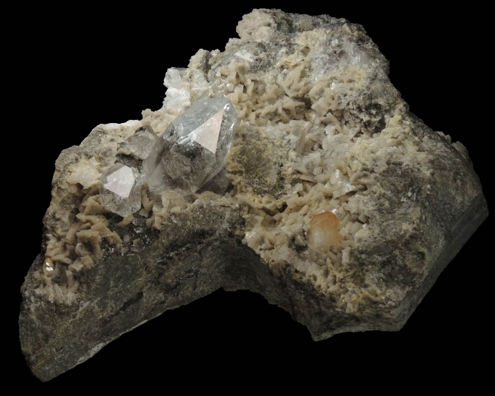 Quartz var. Herkimer Diamond on Dolomite with Pyrite from Eastern Rock Products Quarry (Benchmark Quarry), St. Johnsville, Montgomery County, New York