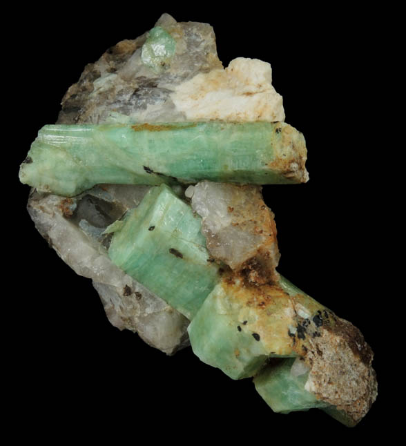 Beryl var. Emerald in Quartz from Mount Dayakou tungsten mine, 6 km northeast of Mengdong village, Malipo County, Yunnan Province, China