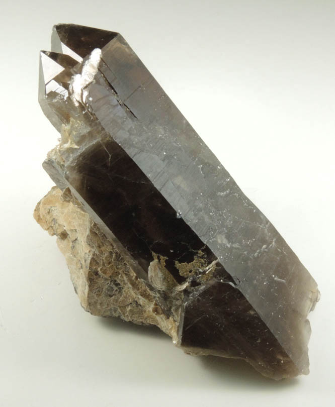 Quartz var. Smoky Quartz (Dauphin-law twin) with Muscovite from Moat Mountain, west of North Conway, Carroll County, New Hampshire