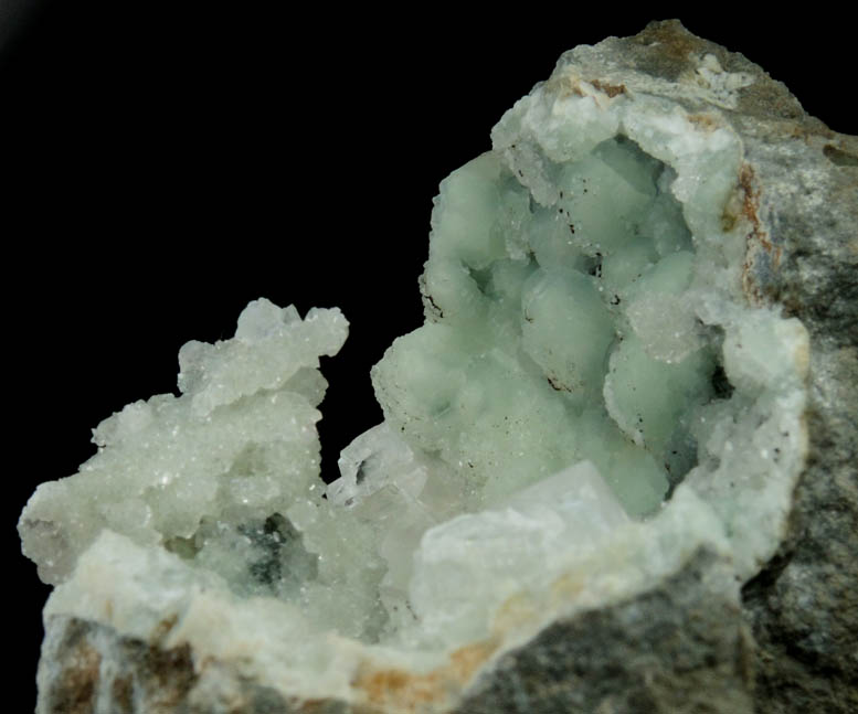 Apophyllite on Prehnite with Calcite from Millington Quarry, Bernards Township, Somerset County, New Jersey