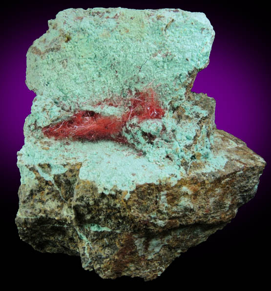 Cuprite var. Chalcotrichite on Chrysocolla from Ray Mine, Mineral Creek District, Pinal County, Arizona