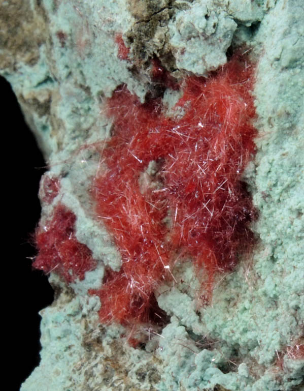 Cuprite var. Chalcotrichite on Chrysocolla from Ray Mine, Mineral Creek District, Pinal County, Arizona