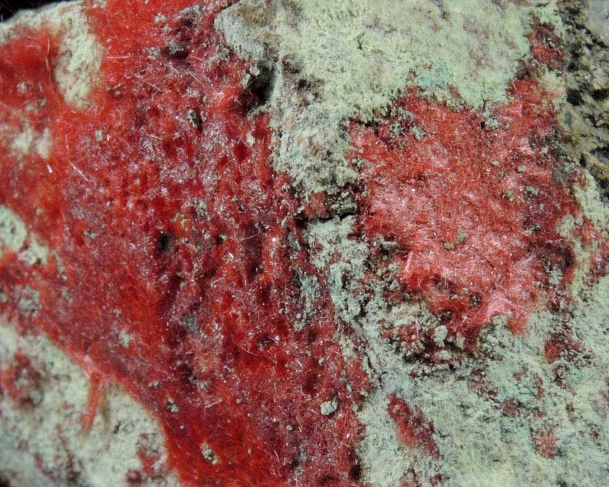 Cuprite var. Chalcotrichite on Chrysocolla from Ray Mine, Mineral Creek District, Pinal County, Arizona