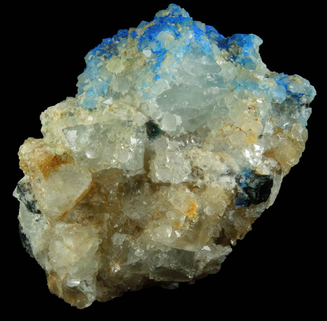 Linarite over Fluorite with Quartz from Blanchard Mine, Hansonburg District, 8.5 km south of Bingham, Socorro County, New Mexico