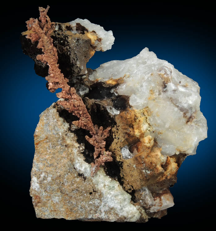 Copper (naturally crystallized native copper) and Tenorite on Quartz from Ray Mine, Mineral Creek District, Pinal County, Arizona