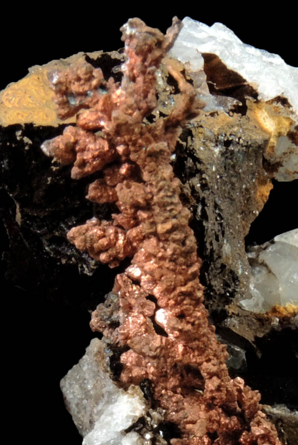 Copper (naturally crystallized native copper) and Tenorite on Quartz from Ray Mine, Mineral Creek District, Pinal County, Arizona