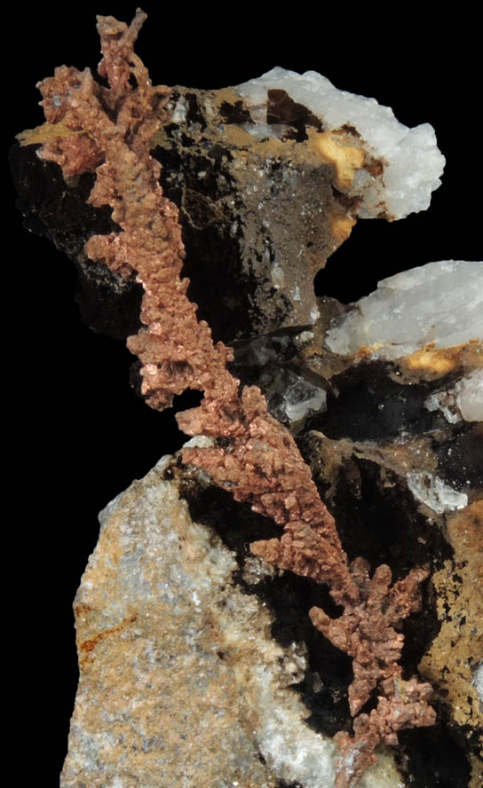 Copper (naturally crystallized native copper) and Tenorite on Quartz from Ray Mine, Mineral Creek District, Pinal County, Arizona