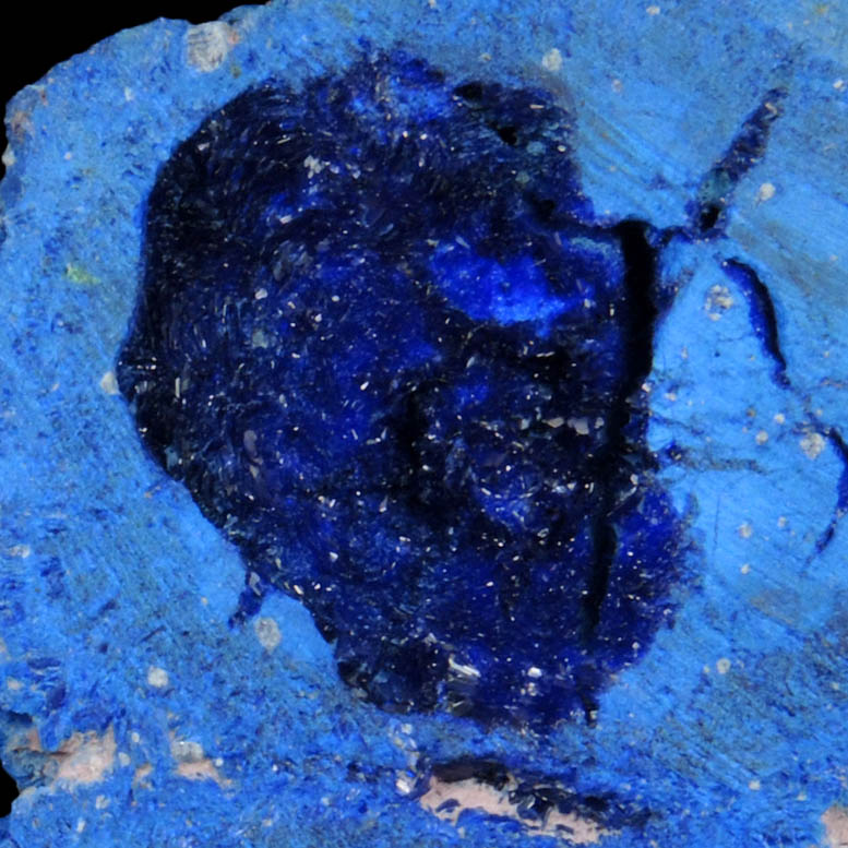 Azurite nodule with Azurite crystals lining the center cavity from Blueball Mine, Globe-Miami District, Gila County, Arizona