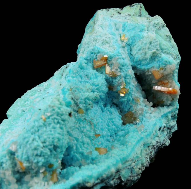 Wulfenite and Hemimorphite on Chrysocolla pseudomorphs from 79 Mine, Banner District, near Hayden, Gila County, Arizona