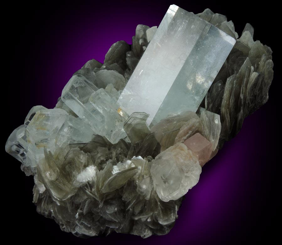 Beryl var. Aquamarine on Muscovite with Fluorapatite and Fluorite from Chumar Bakhoor, Nagar, Gilgit-Baltistan, Pakistan