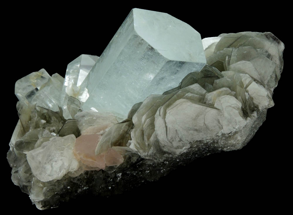 Beryl var. Aquamarine on Muscovite with Fluorapatite and Fluorite from Chumar Bakhoor, Nagar, Gilgit-Baltistan, Pakistan