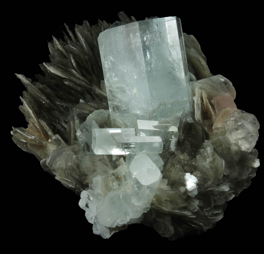 Beryl var. Aquamarine on Muscovite with Fluorapatite and Fluorite from Chumar Bakhoor, Nagar, Gilgit-Baltistan, Pakistan