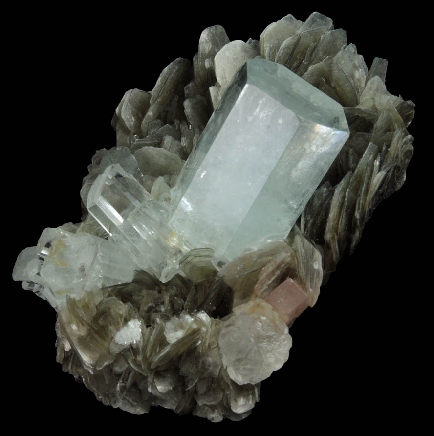 Beryl var. Aquamarine on Muscovite with Fluorapatite and Fluorite from Chumar Bakhoor, Nagar, Gilgit-Baltistan, Pakistan