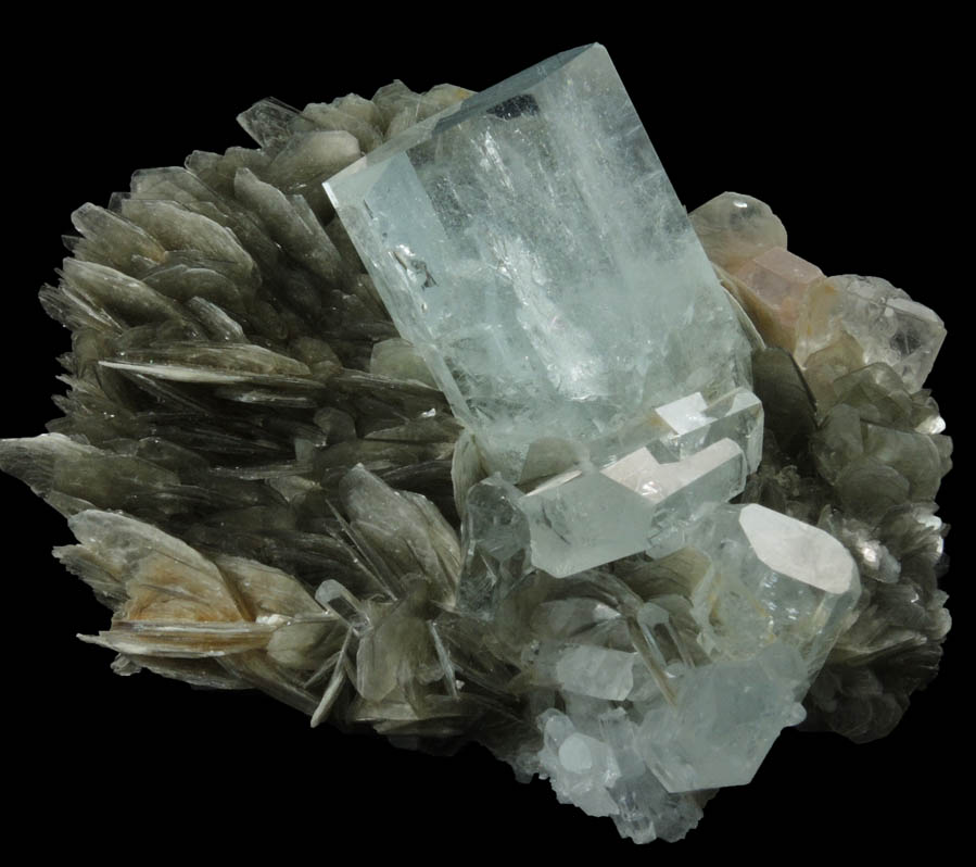 Beryl var. Aquamarine on Muscovite with Fluorapatite and Fluorite from Chumar Bakhoor, Nagar, Gilgit-Baltistan, Pakistan