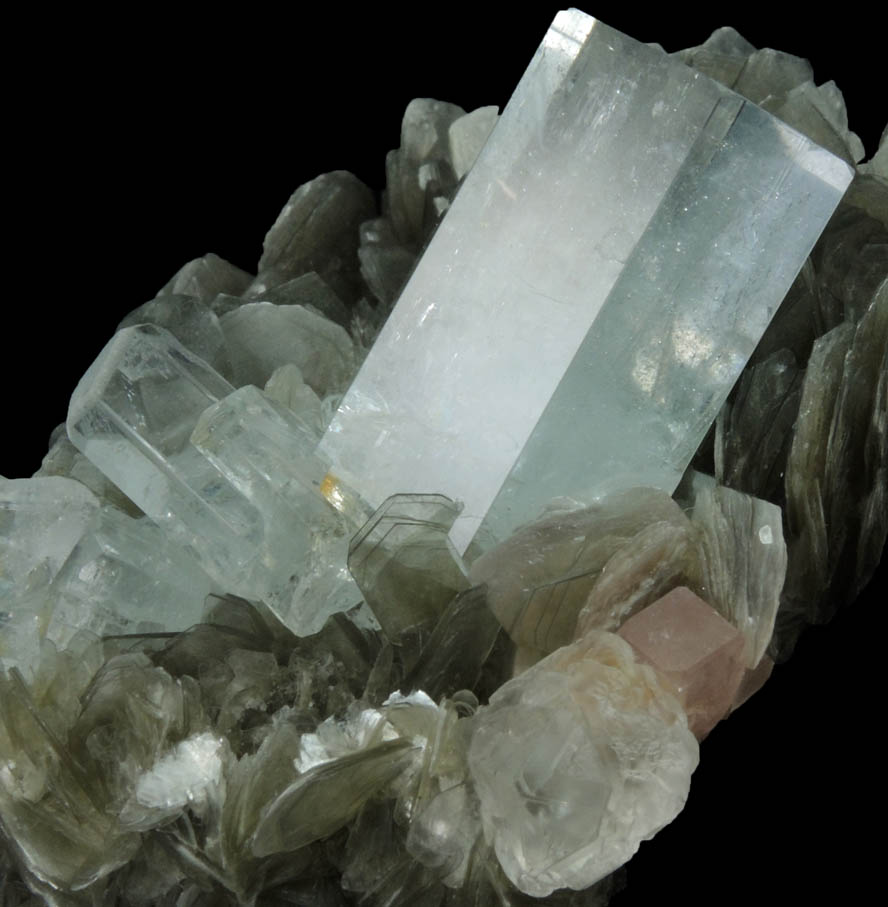 Beryl var. Aquamarine on Muscovite with Fluorapatite and Fluorite from Chumar Bakhoor, Nagar, Gilgit-Baltistan, Pakistan