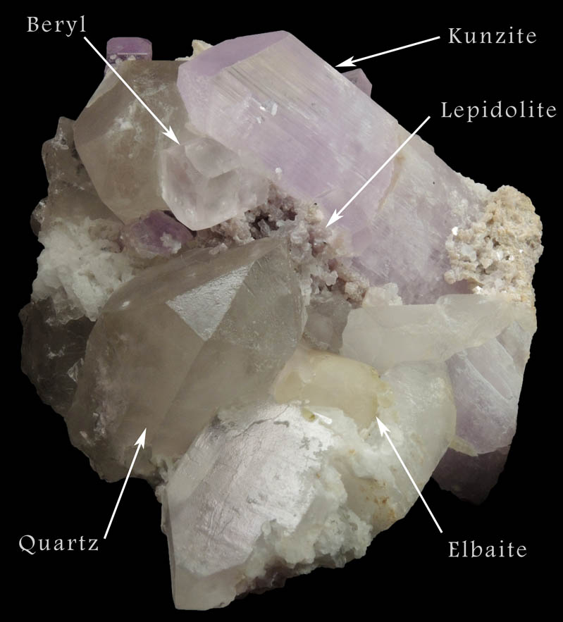 Spodumene var. Kunzite with Beryl, Quartz, Lepidolite and Elbaite Tourmaline from Laghman Province, Afghanistan