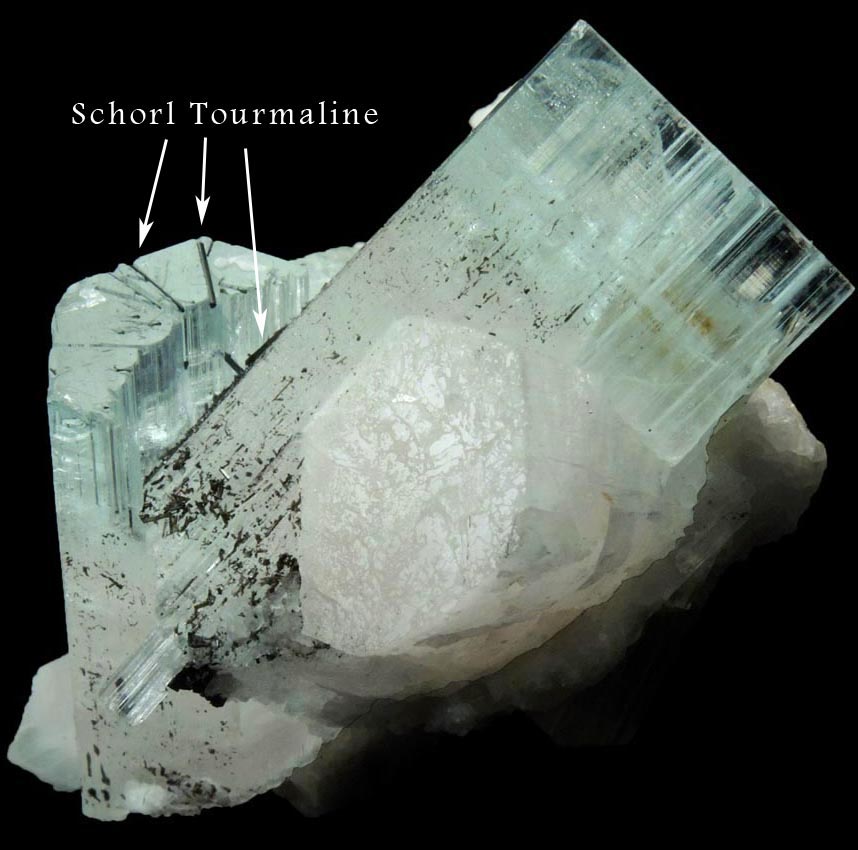 Beryl (zoned Aquamarine-Morganite crystals) with Schorl Tourmaline from Baha, Braldu Valley, Baltistan, Gilgit-Baltistan, Pakistan