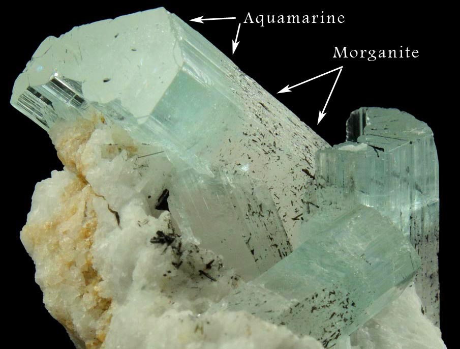 Beryl (zoned Aquamarine-Morganite crystals) with Schorl Tourmaline from Baha, Braldu Valley, Baltistan, Gilgit-Baltistan, Pakistan