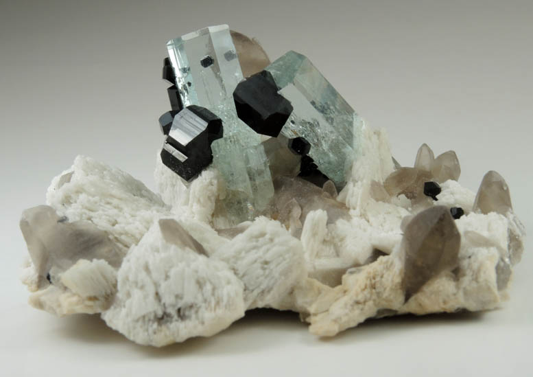 Beryl var. Aquamarine, Quartz, Schorl Tourmaline, Hyalite Opal on Microcline from Erongo Mountains, 20 km north of Usakos, Damaraland, Namibia