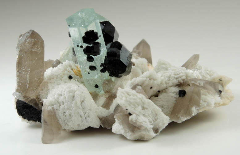 Beryl var. Aquamarine, Quartz, Schorl Tourmaline, Hyalite Opal on Microcline from Erongo Mountains, 20 km north of Usakos, Damaraland, Namibia