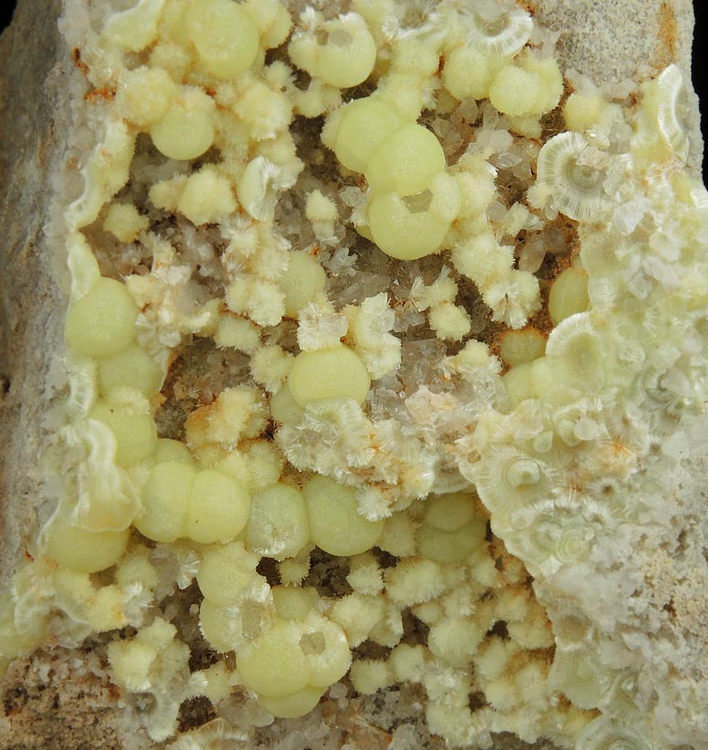 Wavellite over Quartz from National Limestone Quarry, Lime Ridge, Mount Pleasant Mills, Snyder County, Pennsylvania