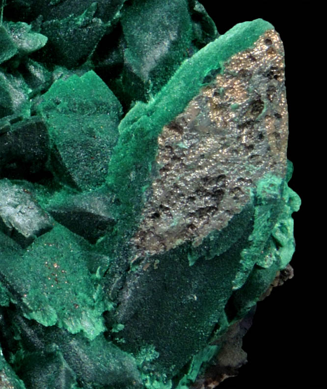 Chalcocite-Cuprite pseudomorphs after Azurite coated with Malachite from Milpillas Mine, Cuitaca, Sonora, Mexico