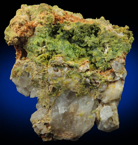 Pyromorphite with Wulfenite on Quartz from Brookdale Mine, Phoenixville District, Chester County, Pennsylvania