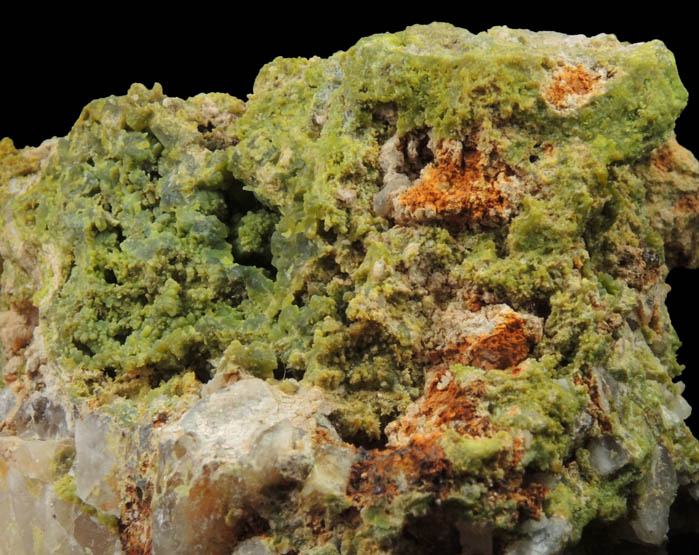 Pyromorphite with Wulfenite on Quartz from Brookdale Mine, Phoenixville District, Chester County, Pennsylvania