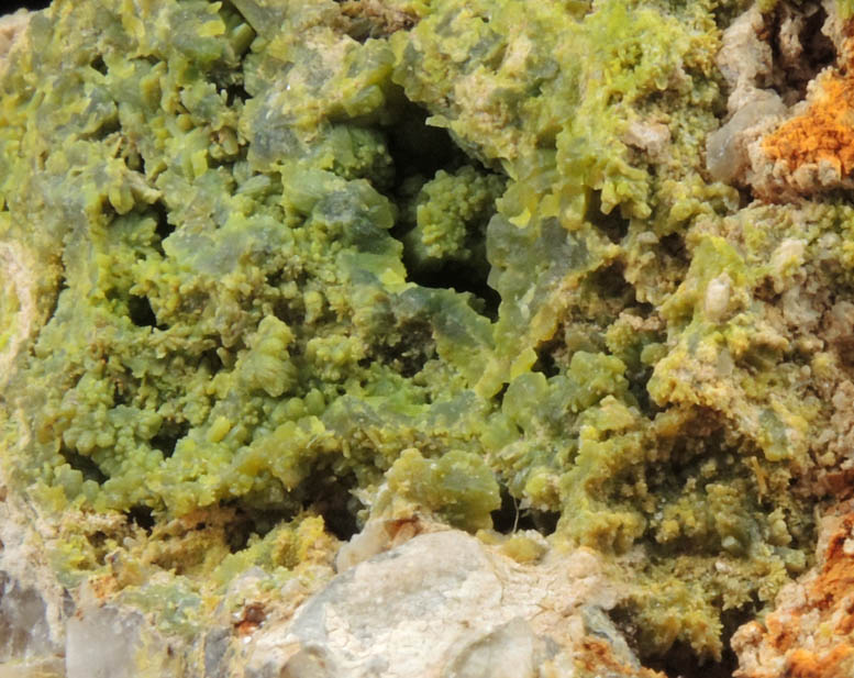 Pyromorphite with Wulfenite on Quartz from Brookdale Mine, Phoenixville District, Chester County, Pennsylvania